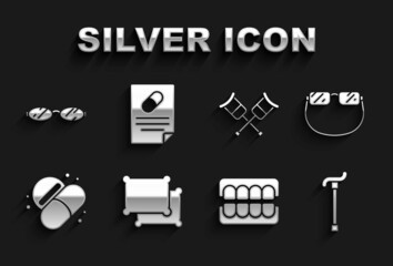 Set Pillow, Eyeglasses, Walking stick cane, False jaw, Medicine pill or tablet, Crutch crutches, and Medical prescription icon. Vector