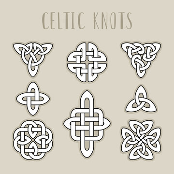 Scottish medieval symbols. Scotland celtic knot spiral signes, traditional celt braid patterns, irish endlessness signs vector ornaments, buddhist infinity elements