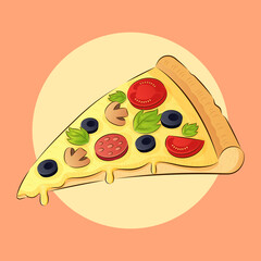 Slice of pizza with tomatoes, mushrooms, pepperoni, olives, herbs and cheese on a beige background
