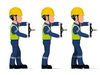 set of worker is holding hand wheel on white background
