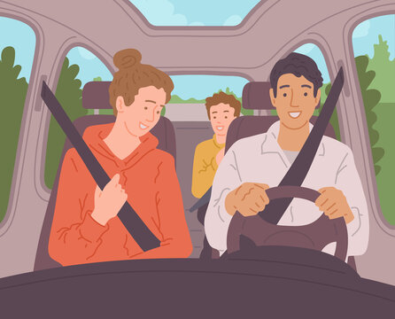 Illustration of family inside car on trip. Vector flat cartoon illustration of people in car mom, dad, son.