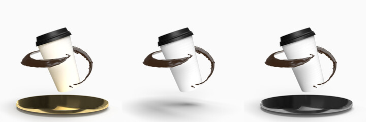 Take away paper cub with coffee splash swirling around it hovering in the air 