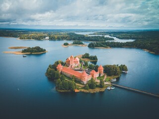 Trakai Island Castle by drone in Lithuania