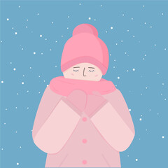 A little girl with her eyes closed and smiling in a pink winter hat, jacket and scarf, gloves. It's cold in a blizzard
