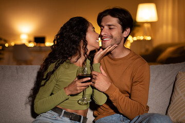 Couple In Love Drinking Wine Having Romantic Date At Home
