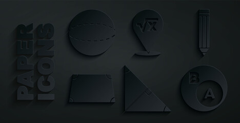 Fototapeta premium Set Angle bisector of a triangle, Pencil, Acute trapezoid shape, Subsets, math, subset, Square root x glyph and Geometric figure Sphere icon. Vector