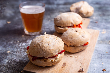 Walnut sandwich with hummus and red peppers. Vegan sandwich with hummus