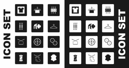 Set Needle for sewing, Electric iron, Crochet hook, Sewing pattern, Hanger wardrobe, button and Knitting needles icon. Vector