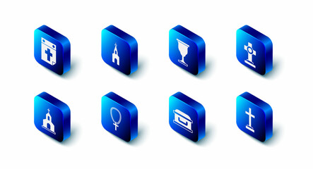 Set Church building, Christian chalice, Grave with cross, Coffin, on chain, and Calendar death icon. Vector