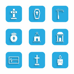 Set Old crypt, Grave with cross, Burning candle, Beat dead monitor, Funeral, Scythe and icon. Vector