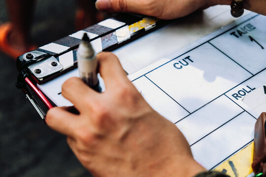detail of film slate close up. Behind the scene background.,film industry equipment