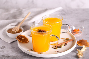 Tea with sea buckthorn and spices is on the table