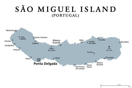 Sao Miguel Island, Azores, Portugal, gray political map with capital Ponta Delgada. Nicknamed The Green Island, the largest and most populous island in the Portuguese archipelago of the Azores. Vector