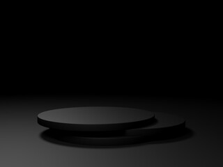 3D black geometric product podium. Dark background.