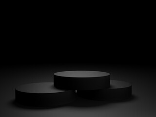 3D black geometric product podium. Dark background.