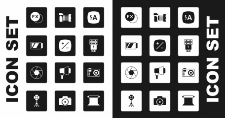 Set Auto flash, Exposure compensation, Battery for camera, Photo fx, and Camera shutter icon. Vector