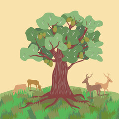 Vector - oak tree with deer family.