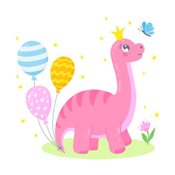 Cute dinosaur princess with butterfly and balloons. Sweet pink dino girl with crown. Cartoon funny character for nursery design, greeting card, invitation, print, party, baby shower, poster. Vector
