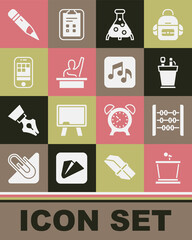 Set Stage stand, Abacus, Pencil case stationery, Test tube flask, Male kid raising hand, Smartphone, with eraser and Music note, tone icon. Vector
