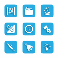 Set Clock, Ringing bell, Light bulb, Fountain pen nib, Pen, Paper clip, Table lamp and Abacus icon. Vector