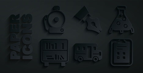 Set School Bus, Test tube and flask, Shelf with books, Exam sheet check mark, Fountain pen nib and Ringing alarm bell icon. Vector