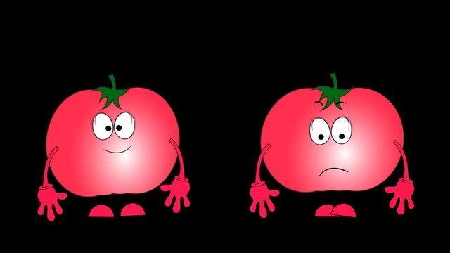 Two tomatoes. Cartoon characters. Different emotions. Laugh and Cry. Without background.