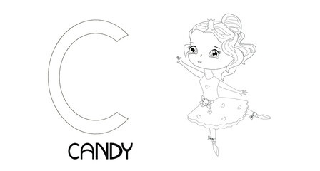 Princesses with names, alphabet letters for coloring. Name Candy.