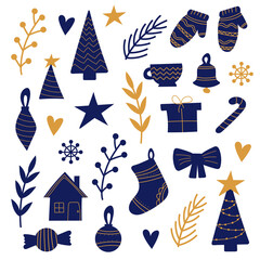 Hand drawn set of Christmas elements in blue and gold on a white background. Elements for decoration