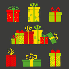 Set of multicoloured gift boxes isolated on dark background. Flat vector illustration