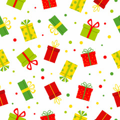 Seamless pattern with multicoloured gift boxes on white background. Vector illustration