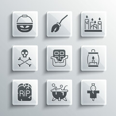Set Halloween witch cauldron, Scarecrow, Camping lantern, Chocolate bar, Tombstone with RIP written, Skull crossbones, Pumpkin basket for sweets and Burning candle icon. Vector