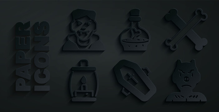 Set Coffin with cross, Crossed bones, Camping lantern, Krampus, heck, Bottle potion and Vampire icon. Vector