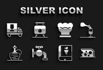 Set Tap for a barrel, Wine tasting, degustation, Cheese, Book about grapes, italian fiasco bottle, Chef hat, truck and Fermentation of icon. Vector