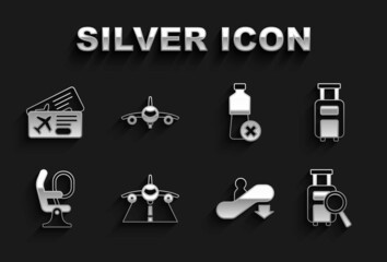 Set Plane, Suitcase, Lost baggage, Escalator down, Airplane seat, No water bottle, Airline ticket and icon. Vector