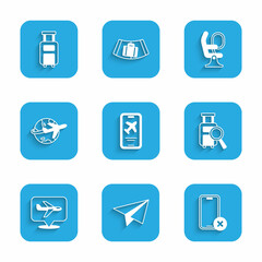 Set Mobile with ticket, Paper airplane, No cell phone, Lost baggage, Plane, Globe flying, Airplane seat and Suitcase icon. Vector