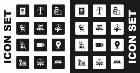 Set Suitcase, Calendar and airplane, Airplane seat, Passport, Flight time, Road traffic sign, Plane and Lost baggage icon. Vector