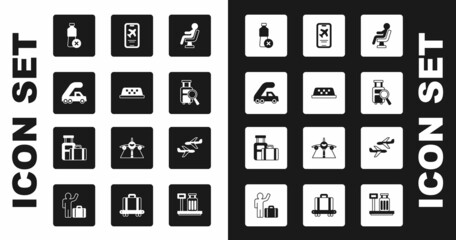 Set Human waiting in airport terminal, Taxi car roof, Passenger ladder for plane boarding, No water bottle, Lost baggage, Mobile with ticket, Plane and Suitcase icon. Vector