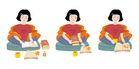 Young Asian girl sitting in a lotus position, wrapped in a blanket with books and a diary. Vector autumn stickers and patches with girls set.