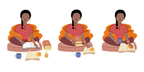 Young Indian girl sitting in lotus position, wrapped in a blanket with books and diary. Vector autumn stickers and patches with girls set.