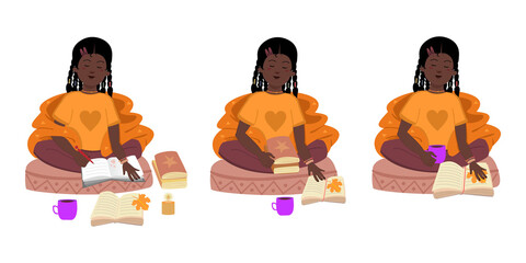A young African American girl sits in a lotus position, wrapped in a blanket with books and a diary. Vector autumn stickers and patches with girls set.