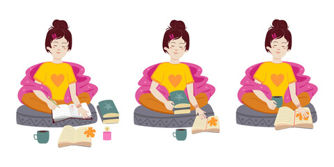 A young brunette girl sits in a lotus position, wrapped in a blanket with books and a diary. Vector autumn stickers and patches with girls set.