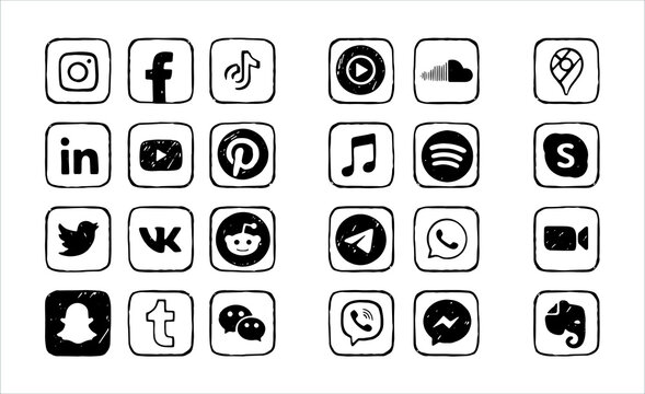 Set of hand drawn icons. Social media icons, social network icons, audio distribution platforms, messenger icons.
