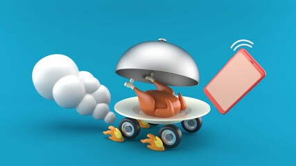 Baked chicken in a delivery plate with wheels and mobile phone on a blue background.illustration design for fast food delivery.-3d rendering...