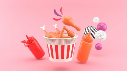 Fried chicken in a bucket surrounded by chili and ketchup on a pink background.illustration design for fast food delivery.-3d rendering..