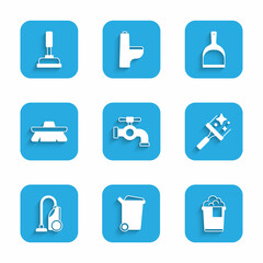 Set Water tap, Trash can, Bucket with foam, Rubber cleaner for windows, Vacuum, Brush cleaning, Dustpan and plunger icon. Vector