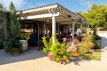outdoor covered seating at a cafe