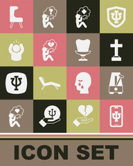 Set Psychologist online, Metronome with pendulum, Graves funeral sorrow, Helping hand, Broken heart divorce, Anger, Armchair and icon. Vector
