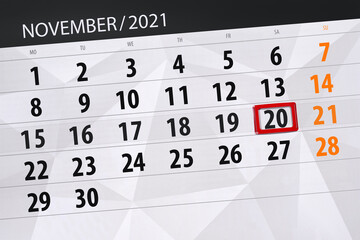 Calendar planner for the month november 2021, deadline day, 20, saturday