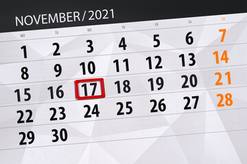 Fototapeta premium Calendar planner for the month november 2021, deadline day, 17, wednesday