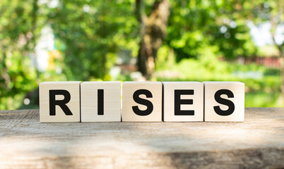 Five wooden blocks lie on a wooden table against the backdrop of a summer garden and create the word RISES.